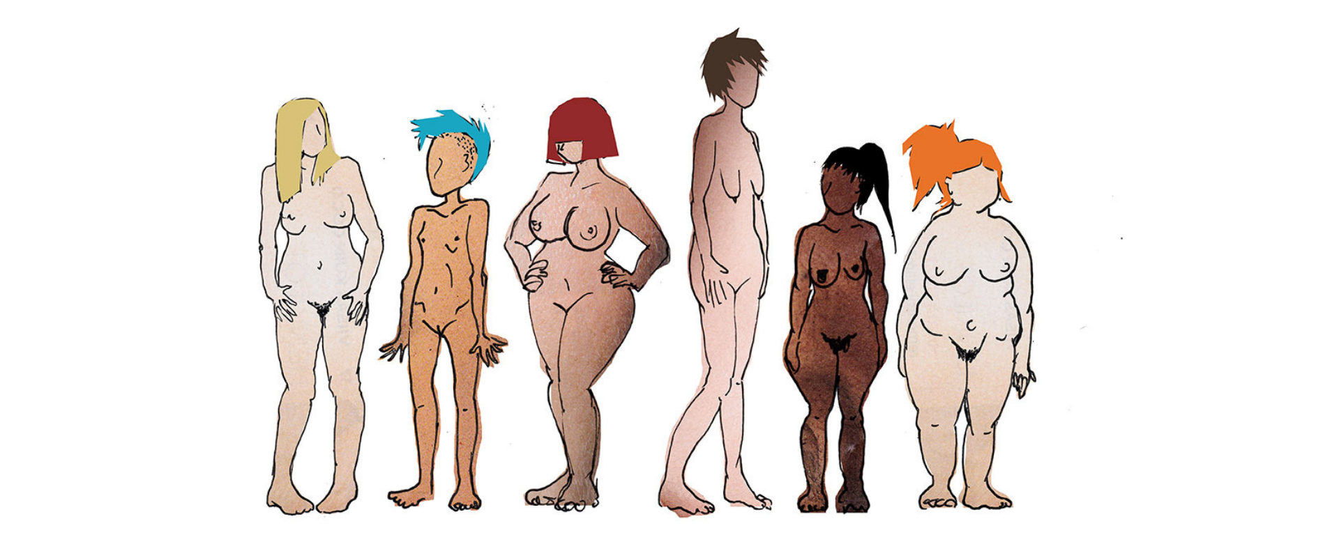 Erikokoisia ja värisiä naisia alasti -piirroskuva.