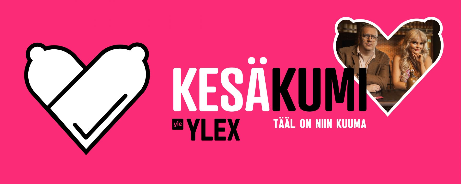 Kesäkumibiisin 2021 artistit Erika Vikman ja Arttu Wiskari. Kesäkumibiisi: Tääl on niin kuuma. Kaksi kondomia.
