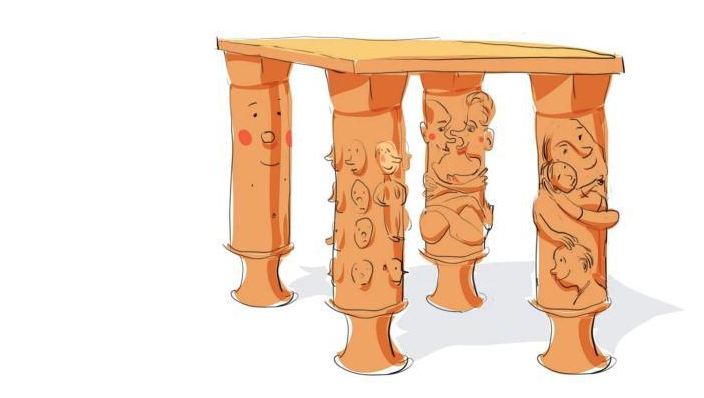 Drawing of four human shaped table legs symbolozing the model