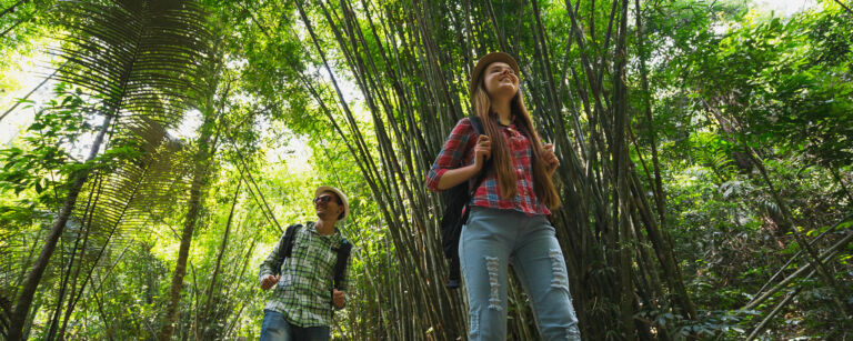 Two young smiling persons walking in a bamboo-forest