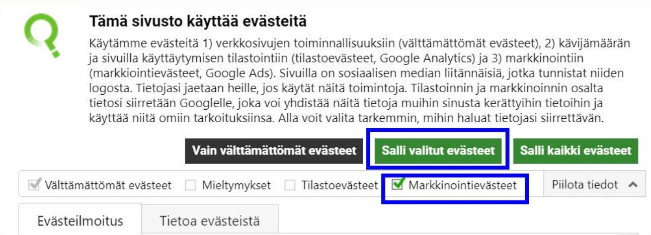 Näkymä evästeasetukset sivun valinnoista