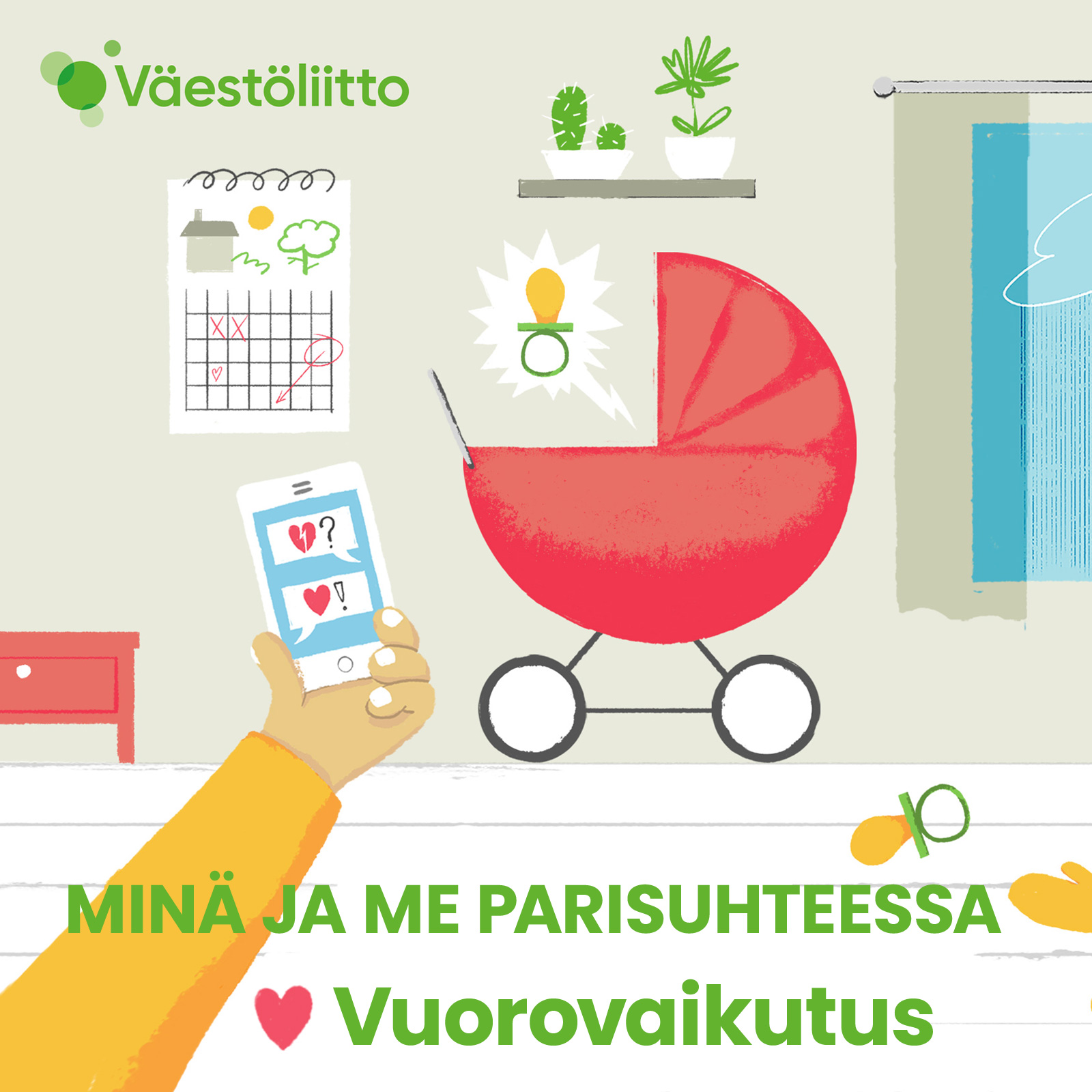 Kuvituskuva, piirroskuva, jossa lastenvaunut sekä käsi, jossa on puhelin