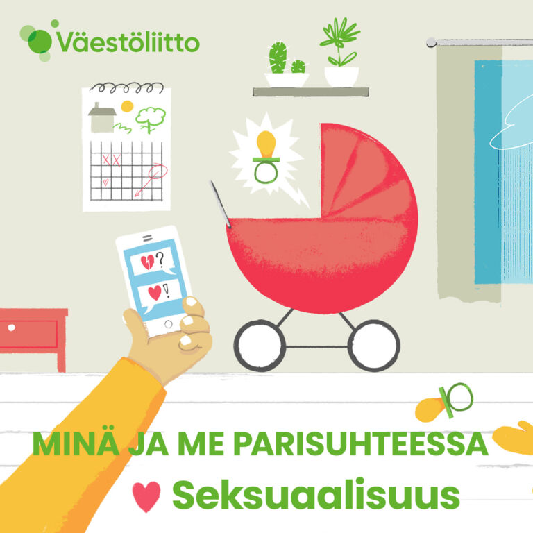 Kuvituskuva, jossa piirroskuvassa lastenvaunut sekä käsi, jossa puhelin