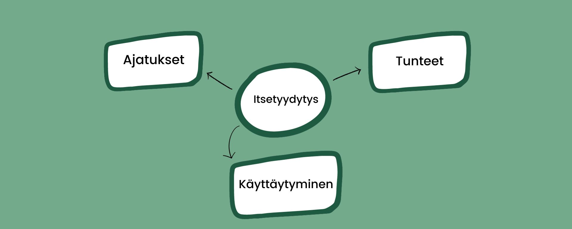 Ajatuskartta, jonka keskellä lukee itsetyydytys. Ympärillä kolme eri kohtaa: ajatukset, tunteet ja käyttäytyminen. Kohdasta itsetyydytys osoittaa kolme nuolta kolmeen muuhun kohtaan. Pohjaväri haalea vihreä.